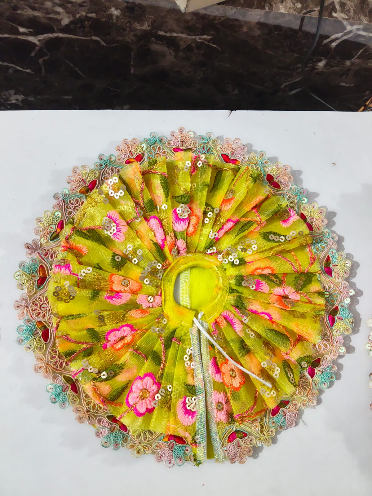 Designer Yellow Floral Ladoo Gopal Dress with Heavy Lace Border